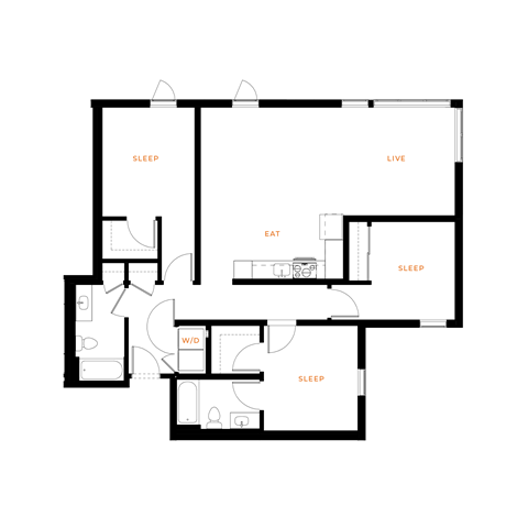 Floor plan for 3 beds, 2 baths, 1231 sqft